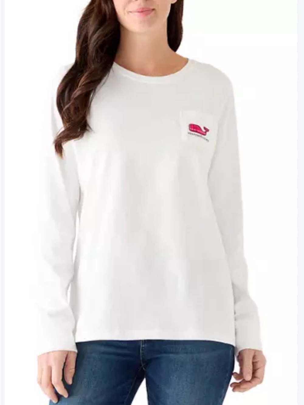 Vineyard Vines White Long-Sleeve Pocket Tee with Pink Whale Logo